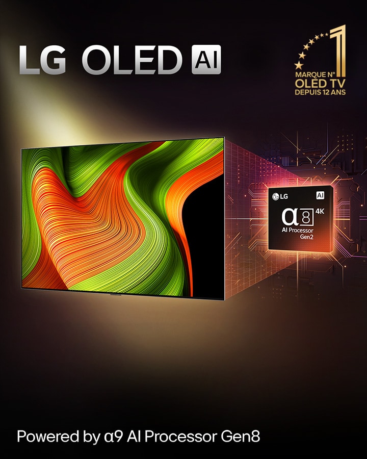 Sur l’écran d’une TV LG OLED AI se trouve une image abstraite aux détails, couleurs et contrastes impressionnants. Une version agrandie du processeur alpha 8 AI de 2ème génération se trouve derrière la TV. Sa lumière brillante éclaire les circuits de micropuce qui l’entourent. Le titre dit LG OLED AI. Le texte est également visible, alimenté par le processeur IA alpha 8 LG de 2ème génération. Un logo doré avec des étoiles dans le coin dit : l’OLED TV numéro un mondial depuis 12 ans. 
