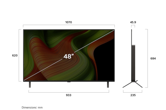 Vue avant et latérale de la Smart TV LG OLED AI B5 4K montrant ses dimensions de longueur, largeur, hauteur et profondeur.