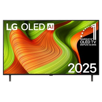 Vue avant de la Smart TV LG OLED AI B5 4K. L’emblème numéro 1 des TV OLED depuis 12 ans et le logo LG OLED AI 2025 sont à l’écran.