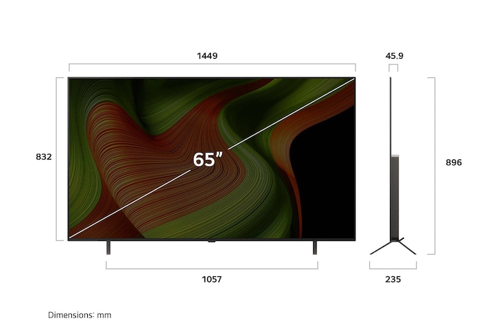Vue avant et latérale de la Smart TV LG OLED AI B5 4K montrant ses dimensions de longueur, largeur, hauteur et profondeur.