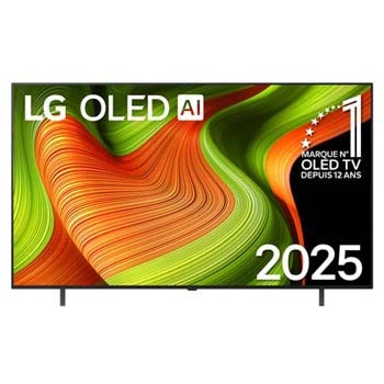 Vue avant de la Smart TV LG OLED AI B5 4K. L’emblème numéro 1 des TV OLED depuis 12 ans et le logo LG OLED AI 2025 sont à l’écran.