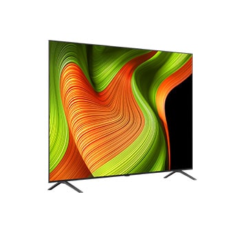 Vue avant et latérale de la Smart TV LG OLED AI B5 4K montrant ses dimensions de longueur, largeur, hauteur et profondeur.