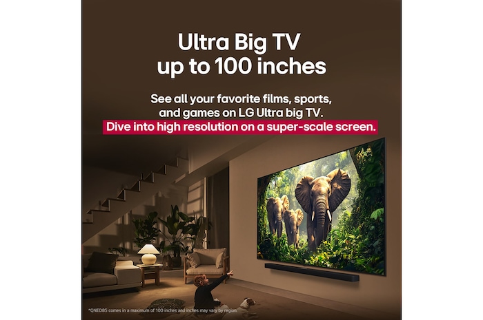 A girl and a dog are seated in front of a LG QNED TV mounted on a wall depicting three elephants walking outwards above a LG Soundbar. The short text describes how every action is more thrilling on a massive screen. 