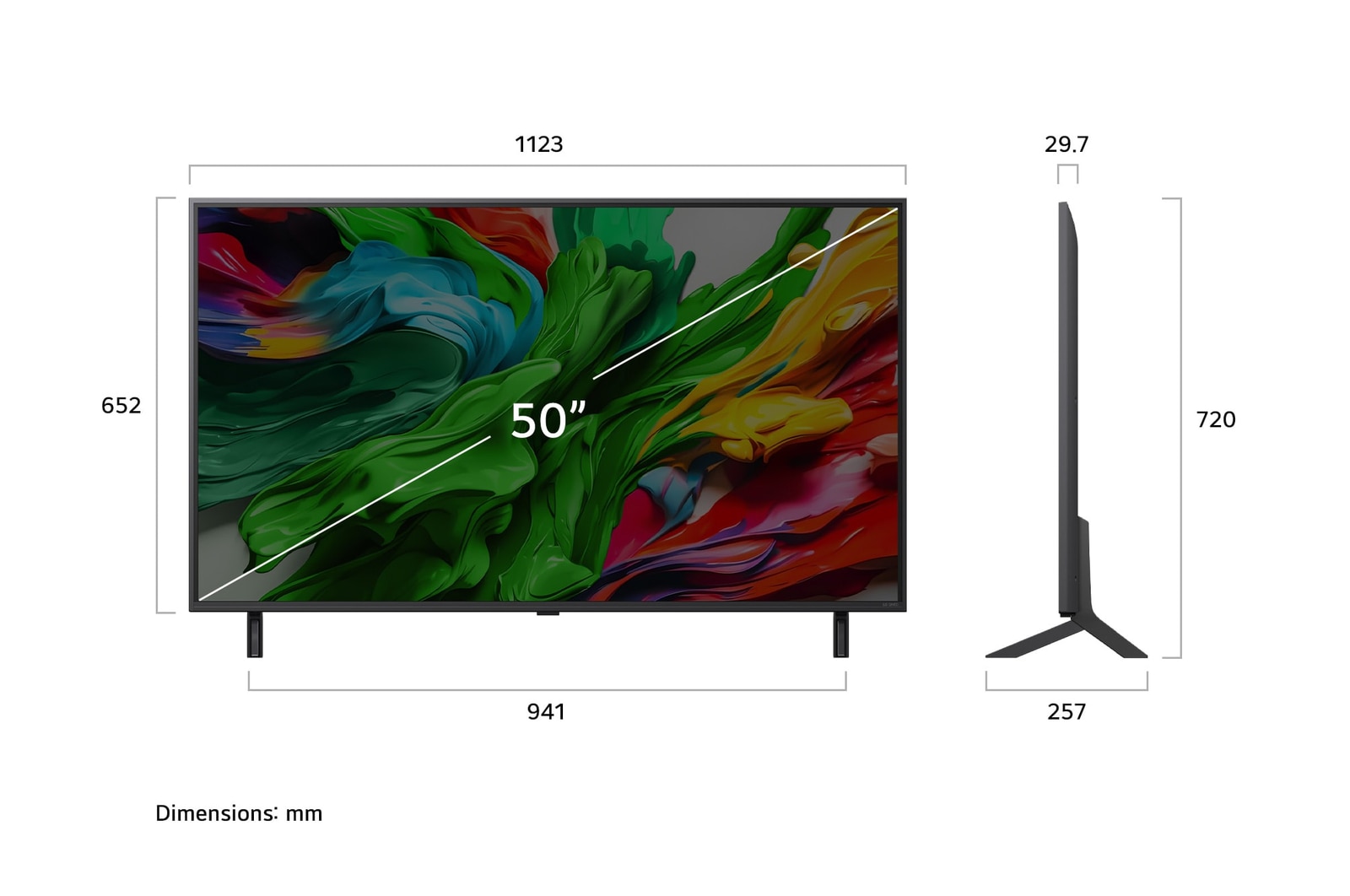 Vue avant et latérale de la Smart TV LG QNED evo AI 4K montrant ses dimensions de longueur, largeur, hauteur et profondeur.
