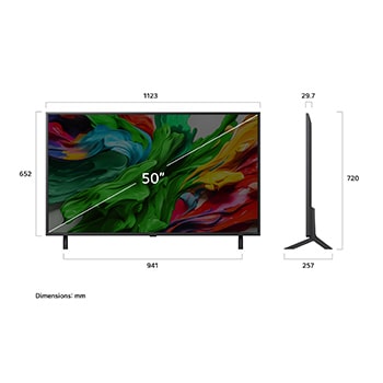 Vue avant et latérale de la Smart TV LG QNED evo AI 4K montrant ses dimensions de longueur, largeur, hauteur et profondeur.