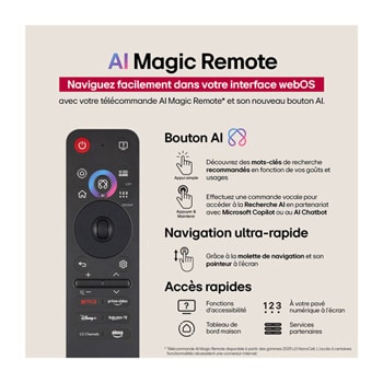 Sur un écran de LG QNED TV se trouve la page d’accueil webOS 25 remplie d’applications et de contenu de divertissement. La TV est équipée de la télécommande AI Magic Remote LG, le bouton IA est mis en évidence comme s’il était activé par la voix de l’utilisateur. Une bulle de texte se trouve à côté, passant à mon compte. Le texte court explique comment les utilisateurs peuvent désormais synchroniser leur voix à leur profil personnel pour profiter d’une navigation plus facile et de recommandations personnalisées.