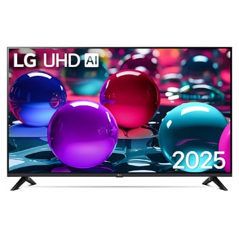 Vue avant d’une TV UHD UA73, logo LG UHD Al dans le coin supérieur. La LG UHD TV représente des textures colorées semblables à de la peinture, réunies.