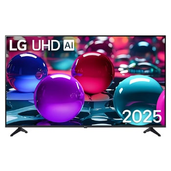 Vue avant d’une TV UHD UA73, logo LG UHD Al dans le coin supérieur. La LG UHD TV représente des textures colorées semblables à de la peinture, réunies.