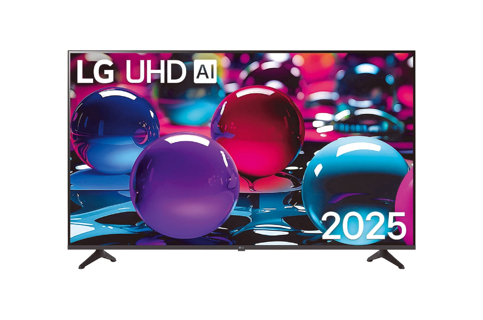 Vue avant d’une TV UHD UA73, logo LG UHD Al dans le coin supérieur. La LG UHD TV représente des textures colorées semblables à de la peinture, réunies.