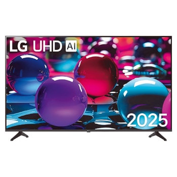 Vue avant d’une TV UHD UA73, logo LG UHD Al dans le coin supérieur. La LG UHD TV représente des textures colorées semblables à de la peinture, réunies.
