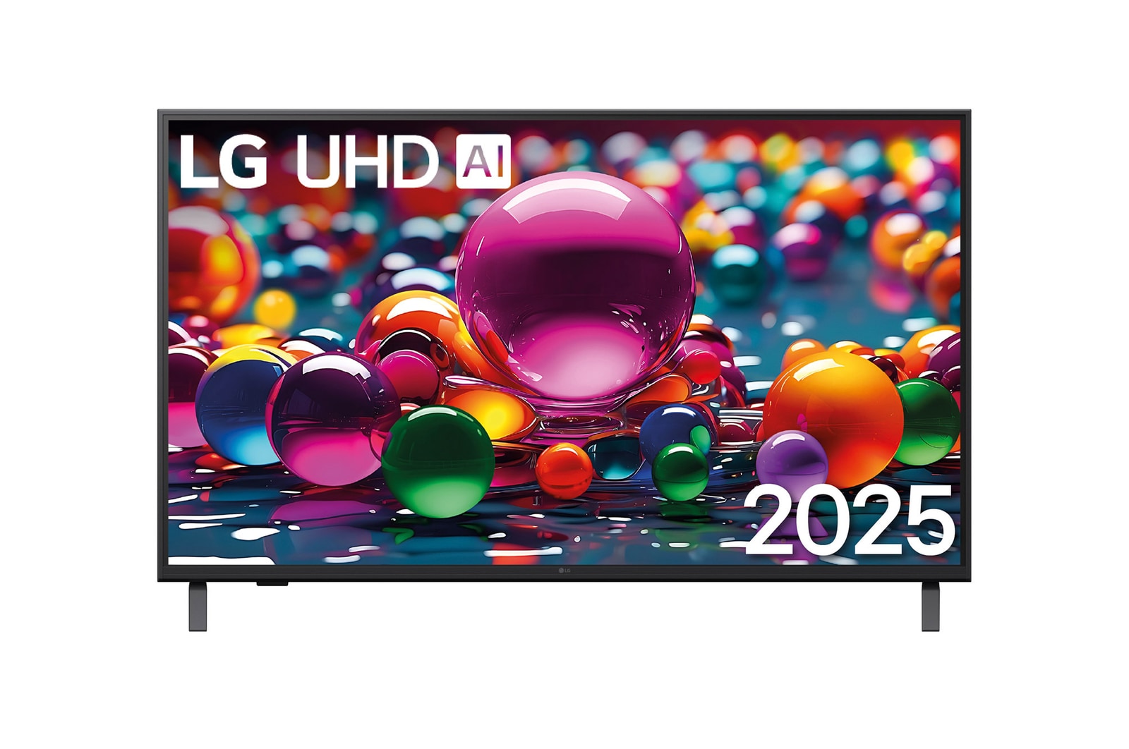 Vue avant d’une TV UHD UA75, logo LG UHD Al dans le coin supérieur. La LG UHD TV représente des textures colorées semblables à de la peinture, réunies.