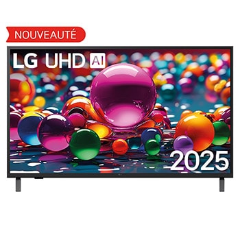 Vue avant d’une TV UHD UA75, logo LG UHD Al dans le coin supérieur. La LG UHD TV représente des textures colorées semblables à de la peinture, réunies.