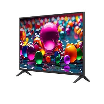 Vue avant et latérale de la Smart TV LG UHD AI UA75 4K montrant ses dimensions de longueur, largeur, hauteur et profondeur.