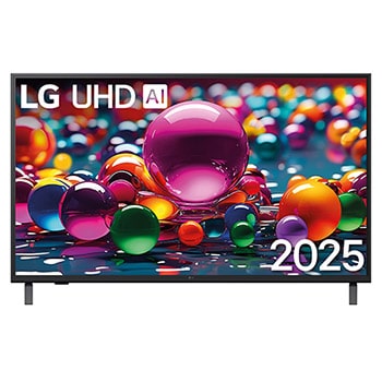 Vue avant d’une TV UHD UA75, logo LG UHD Al dans le coin supérieur. La LG UHD TV représente des textures colorées semblables à de la peinture, réunies.