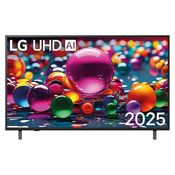 Vue avant d’une TV UHD UA75, logo LG UHD Al dans le coin supérieur. La LG UHD TV représente des textures colorées semblables à de la peinture, réunies.