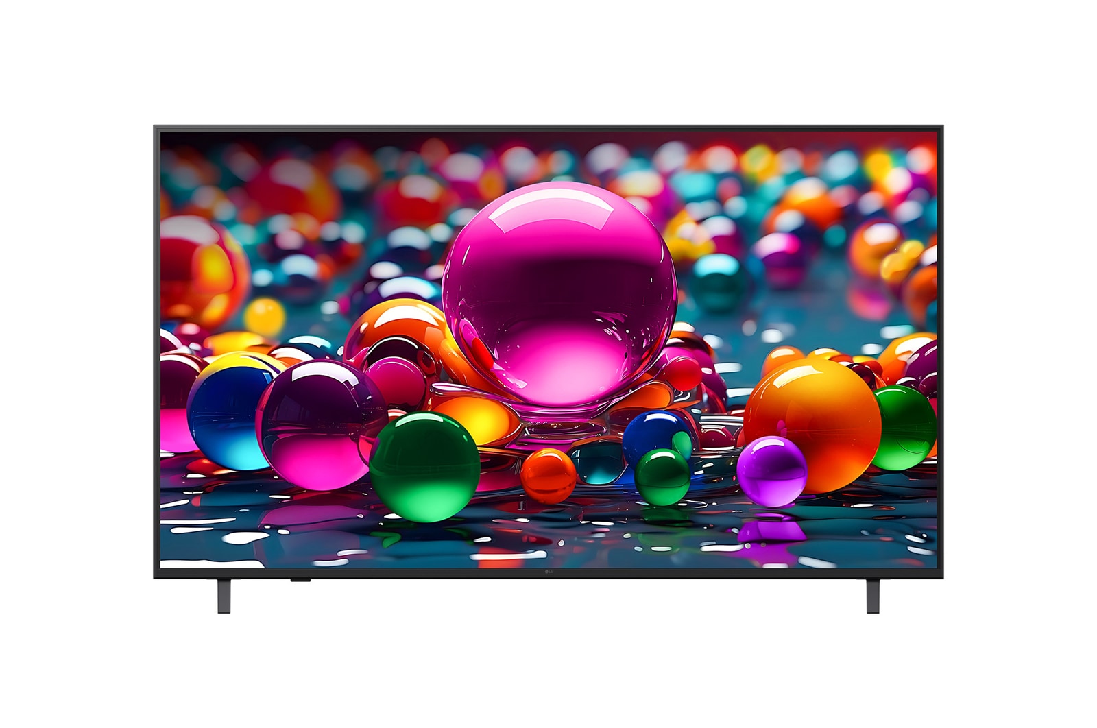 Vue avant d’une TV UHD UA75, logo LG UHD Al dans le coin supérieur. La LG UHD TV représente des textures colorées semblables à de la peinture, réunies.