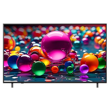 Vue avant d’une TV UHD UA75, logo LG UHD Al dans le coin supérieur. La LG UHD TV représente des textures colorées semblables à de la peinture, réunies.