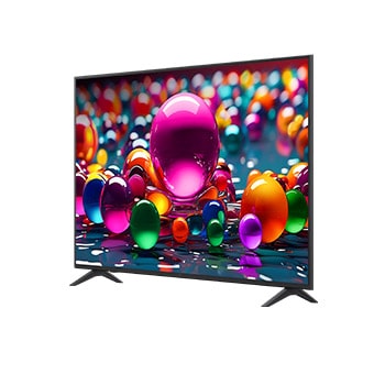 Vue avant et latérale de la Smart TV LG UHD AI UA75 4K montrant ses dimensions de longueur, largeur, hauteur et profondeur.