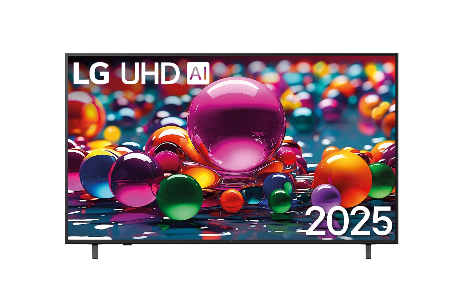 Vue avant d’une TV UHD UA75, logo LG UHD Al dans le coin supérieur. La LG UHD TV représente des textures colorées semblables à de la peinture, réunies.