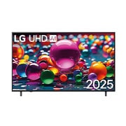 Vue avant d’une TV UHD UA75, logo LG UHD Al dans le coin supérieur. La LG UHD TV représente des textures colorées semblables à de la peinture, réunies.