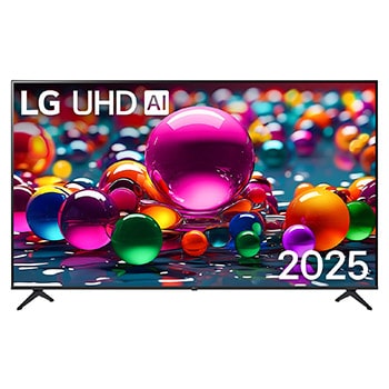 Vue avant d’une TV UHD UA75, logo LG UHD Al dans le coin supérieur. La LG UHD TV représente des textures colorées semblables à de la peinture, réunies.
