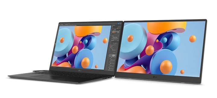 L’image montre le LG gram +view et le LG gram connectés. Photoshop est utilisé sur le LG gram et le même écran est visible sur le LG gram +view. En utilisant le LG gram +view, le travail peut être effectué plus efficacement, ce qui facilite la collaboration.