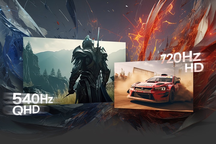 Graphique comparant deux scènes de jeu : un guerrier fantastique au rendu QHD à 540 Hz à gauche, et une voiture de course de rallye au rendu en HD à 720 Hz à droite. Les deux scènes se superposent légèrement sur un arrière-plan dynamique abstrait bleu et rouge, avec des étiquettes « 540Hz QHD » et « 720Hz HD » affichées à côté de chaque image
