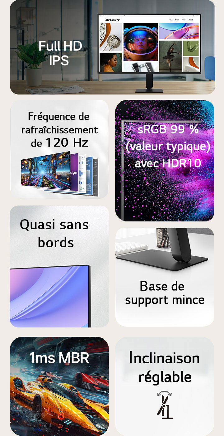 Présentation en grille des fonctionnalités, mettant en évidence les spécifications clés : Écran IPS Full HD, fréquence de rafraîchissement de 120 Hz, sRGB 99 % (valeur typique) avec HDR10, design pratiquement sans bordure, base de support mince, 1ms MBR (Motion Blur Reduction) et inclinaison réglable. Chaque fonctionnalité est affichée avec une image ou une icône représentative.