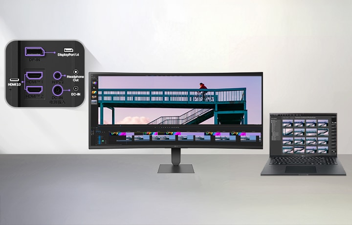 Moniteur incurvé LG UltraWide doté de plusieurs options de connectivité d’entrée, dont DisplayPort et HDMI, connecté à un ordinateur portable pour une édition et un multitâche étendus sur un grand écran, prenant en charge une configuration flexible des appareils, pour des processus professionnels efficaces.