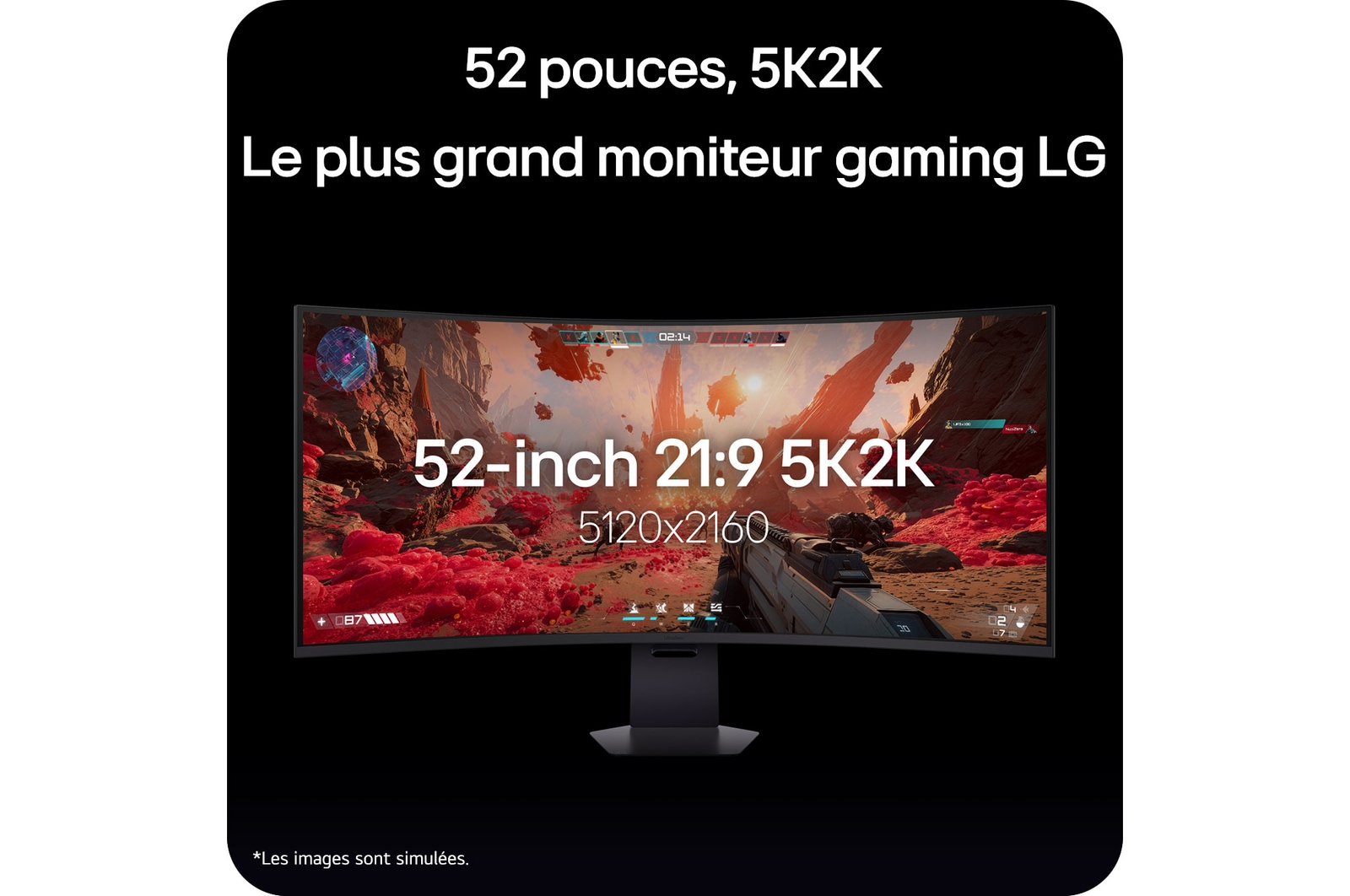 Vue avant d’un moniteur pour jeu 52 pouces UltraGear evo G9, 5K2K 240Hz avec la position basse du support (52G930B)