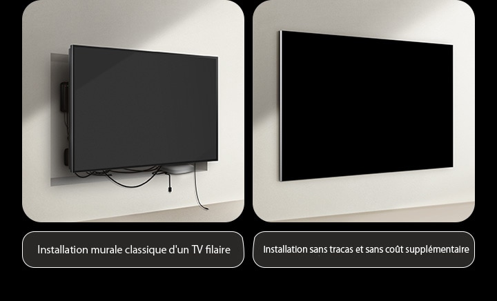 Comparaison côte à côte d’une TV filaire et d’une TV LG sans fil sans compromis d'expérience en terme d’installation. Du côté de la TV filaire , des travaux supplémentaires semblaient être nécessaires pour essayer de cacher tous les autres appareils derrière la TV. L’étiquette dit installation murale avec un coût supplémentaire. Du côté de la TV sans fil sans compromis d'expérience de LG, la TV est fixée au mur proprement. Aucun câble ou appareil n’est visible. Lectures d’étiquettes, installation sans tracas et sans frais.