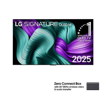 Front view of LG OLED M5 Signature TV. 12 Years of world number 1 OLED emblem and LG Signature OLED M logo are on the screen. Zero Connect Box in the corner with the title, Zero Connect Box with 4K 120Hz wireless video & audio transfer