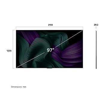 Front view and side view of LG OLED M5 Signature TV showing its length, width, height, and depth dimensions.