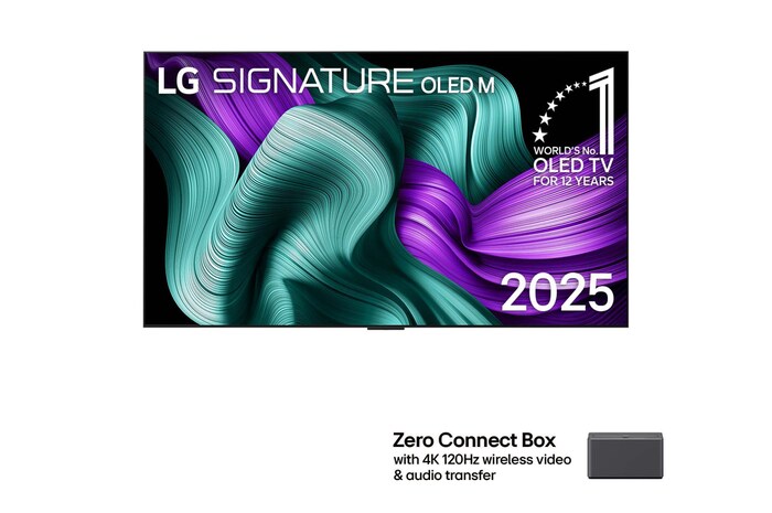 Front view of LG OLED M5 Signature TV. 12 Years of world number 1 OLED emblem and LG Signature OLED M logo are on the screen. Zero Connect Box in the corner with the title, Zero Connect Box with 4K 120Hz wireless video & audio transfer