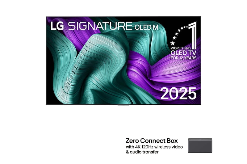 Front view of LG OLED M5 Signature TV. 12 Years of world number 1 OLED emblem and LG Signature OLED M logo are on the screen. Zero Connect Box in the corner with the title, Zero Connect Box with 4K 120Hz wireless video & audio transfer