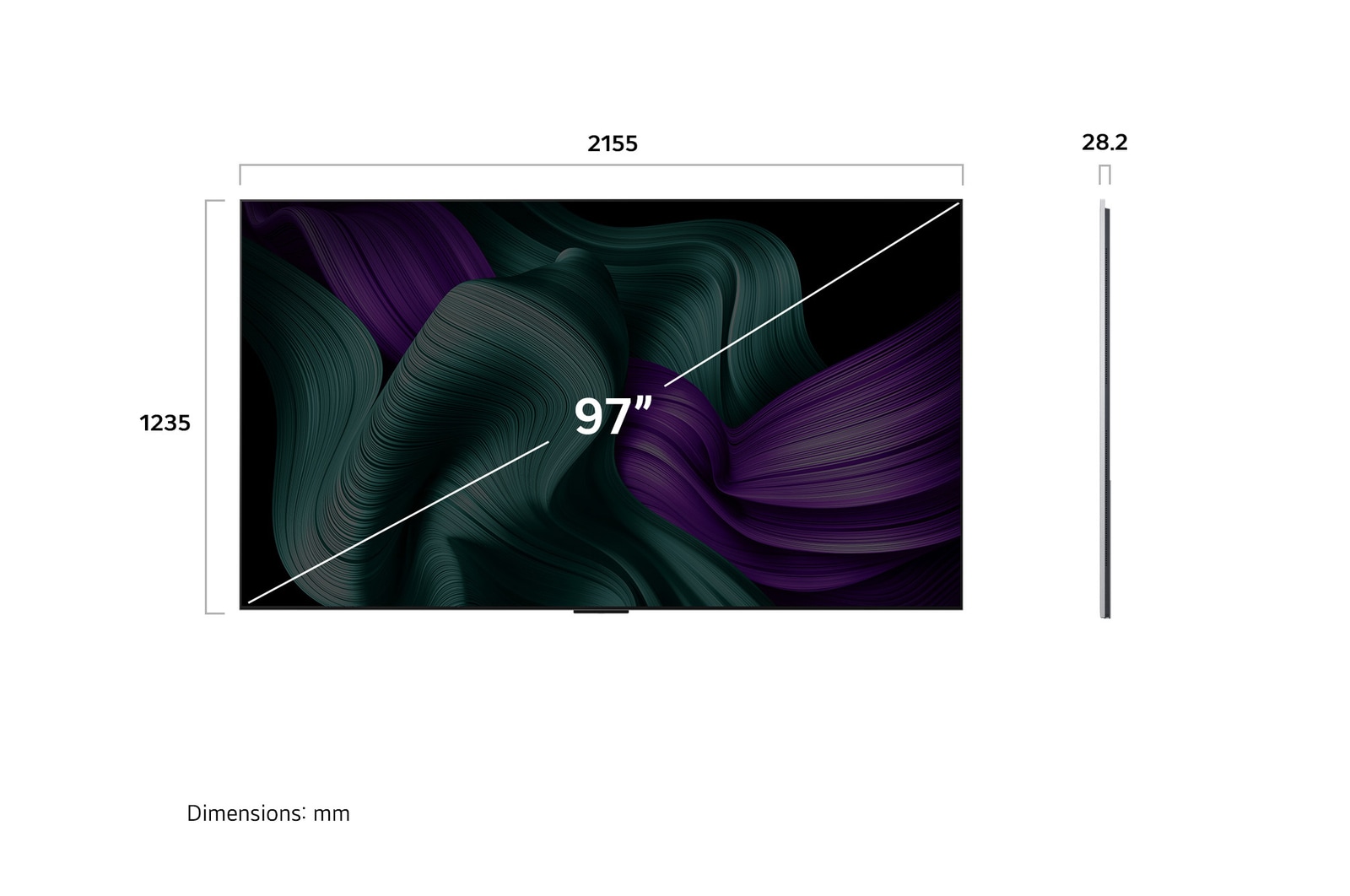 Front view and side view of LG OLED M5 Signature TV showing its length, width, height, and depth dimensions.