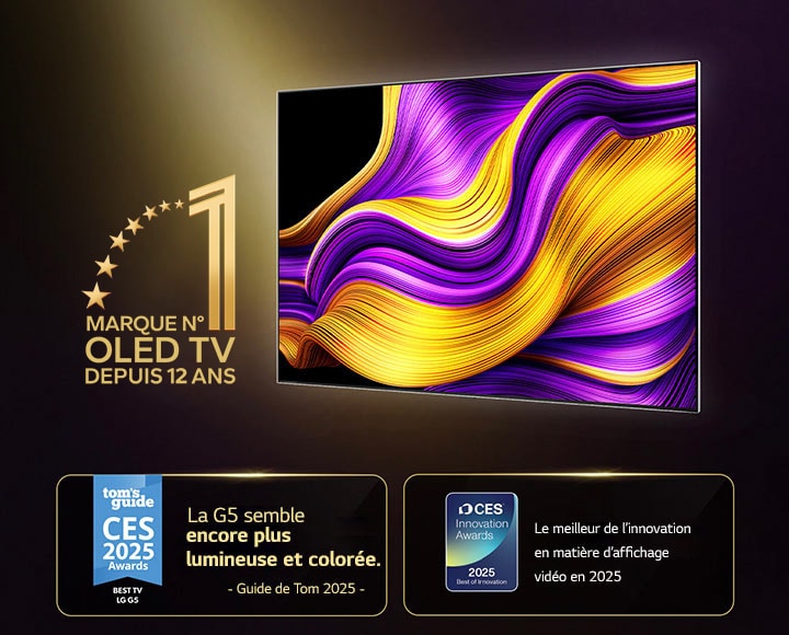 LG OLED TV avec l’emblème OLED TV numéro 1 mondiale depuis 12 ans. Des prix ont également été décernés. Selon les prix CES 2025 de Tom's Guide, la G5 semble encore plus lumineuse et colorée. Prix de l’innovation CES 2025, Meilleure innovation 2025 dans la catégorie affichage vidéo.