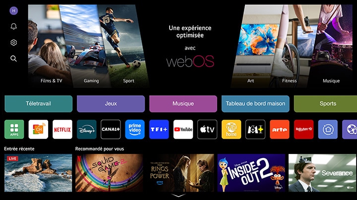 Séquence animée de la LG Smart TV présentant le logo webOS, suivie de la typographie « Regarder », « Jouer » et « Découvrir », se terminant par l’écran d’accueil LG webOS avec des applications et des canaux de streaming