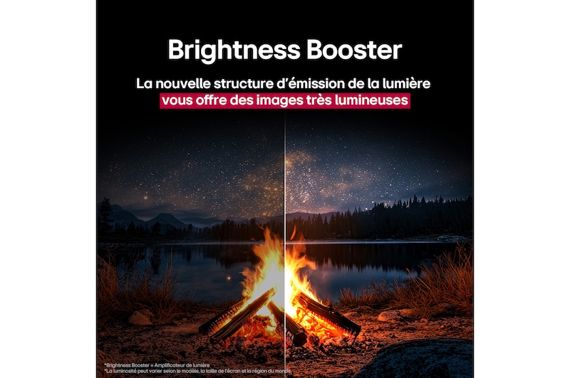 Campfire at night in the middle of nature. In the distance is a forest and lake. The evening sky is filled with stars. The whole scene is split in half. One side is darker and duller. The other half is remarkably brighter, showcasing the impressive brilliance from Brightness Booster. 