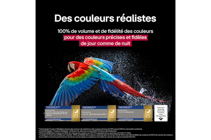Colorful parrot in ultra-high definition against a black background. Water drops are suspended in the air all around it. The image showcases Perfect Color as each different hue on the parrot's body is vibrant and vivid. Different logo certifications from UL and Intertek are visible. These refer to 100% Color Fidelity and 100% Color Volume. Text is also visible, check the Perfect Color certification mark.