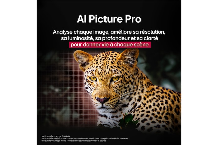 Leopard in the forest in vivid color and detail. The leopard has a grid and a light glowing behind it, indicating how LG AI Picture Pro made impressive visual enhancements to the scene's resolution, brightness, depth, and clarity.