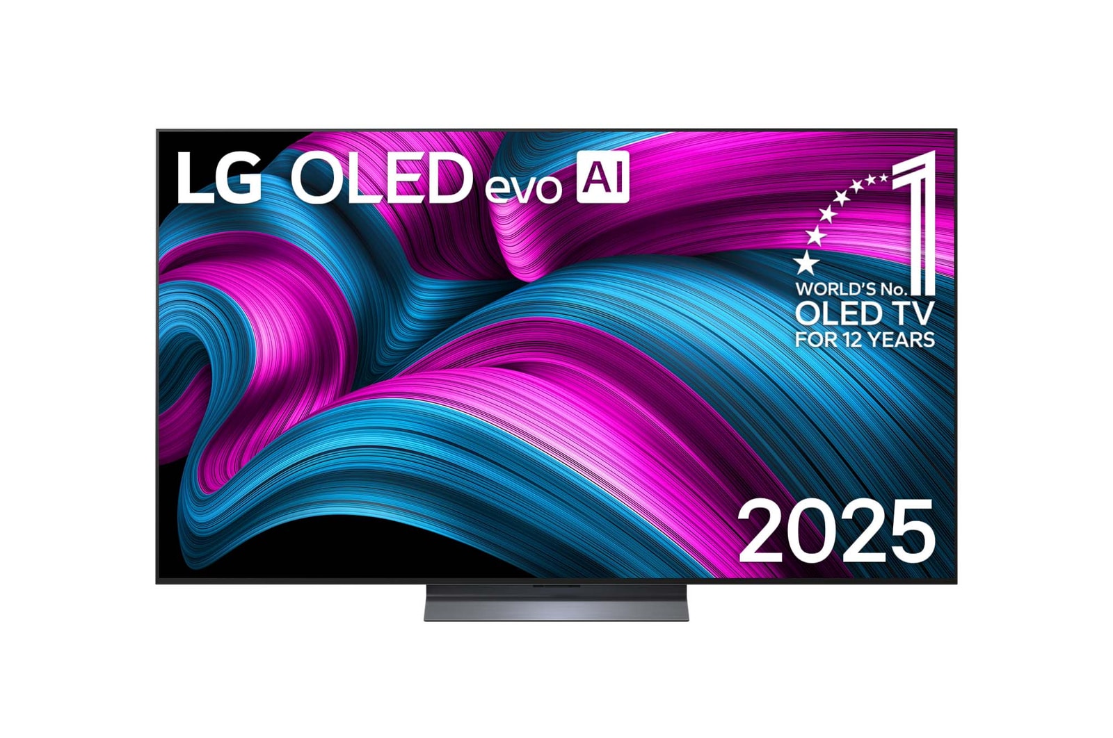 Vue avant du téléviseur LG OLED evo AI G5 4K Smart TV. L'emblème OLED numéro 1 mondial depuis 12 ans et le logo LG OLED evo AI 2025 apparaissent à l'écran.