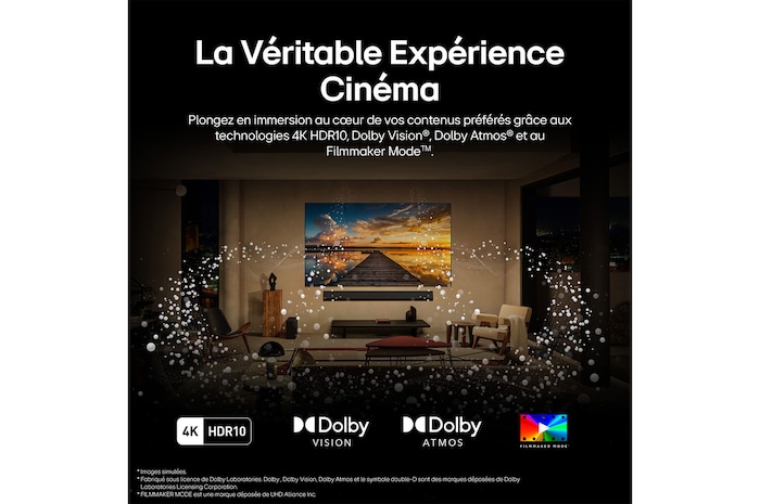 Télécommande LG AI Magic au premier plan. L'icône du bouton AI est en surbrillance. En arrière-plan se trouve l'interface utilisateur LG webOS. Le curseur de la souris indique que la télécommande est utilisée. Le texte explique comment les fonctions et les commandes de la télécommande facilitent la navigation dans webOS.Sur l'écran d'un téléviseur LG OLED, la page d'accueil de webOS 25 est remplie d'applications et de contenus de divertissement. La télécommande LG AI Magic Remote est fixée au téléviseur. Le bouton AI est mis en évidence comme s'il était activé par la voix de l'utilisateur. À côté, une bulle de dialogue permet de passer à mon compte. Le court texte explique comment les utilisateurs peuvent désormais synchroniser leur voix avec leur profil personnel pour une navigation plus facile et des recommandations personnalisées.