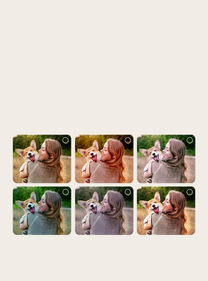 Écran d’un utilisateur passant par le processus de personnalisation AI Picture Wizard. Des séries d’images sont affichées avec les sélections de l’utilisateur mises en évidence. Une icône de chargement apparaît avec une image de paysage affichée, en cours d’amélioration de gauche à droite. 