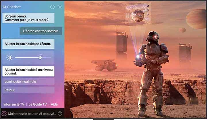 Le contenu de science-fiction est diffusé sur un écran de LG OLED TV. Sur le côté gauche de l’écran se trouve l’interface AI Chatbot. L’utilisateur envoie un message au chatbot indiquant que l’écran est trop sombre et que le chatbot propose des solutions à la demande.