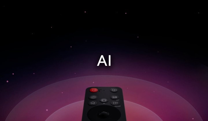 Télécommande LG AI Magic Remote avec le bouton IA en surbrillance. On voit une représentation graphique de l’interface utilisateur avec des icônes sur la façon dont le bouton IA permet aux utilisateurs d’accéder à différentes fonctionnalités IA. Les services incluent AI Voice ID, AI Search, AI Chatbot, AI Concierge, AI Picture Wizard et AI Sound Wizard. La fonctionnalité est ensuite présentée lorsque le curseur apparaît sur une interface, montrant comment la caméra à distance peut être utilisée comme une souris aérienne pour pointer et cliquer.
