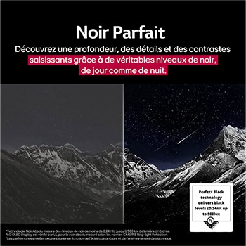 Perroquet coloré en ultra haute définition sur un fond noir. On voit des gouttes d’eau suspendues dans l’air tout autour. L’image présente la technologie Perfect Color, car chaque couleur différente du corps du perroquet est dynamique et éclatante. Le fond sombre avec les éclaboussures d’eau détaillées met également en valeur la protection de l’écran contre les reflets. Différentes certifications de logo UL et Intertek sont visibles. Celles-ci font référence aux technologies 100 % de fidélité des couleurs, Volume de couleurs à 100 % et à sa certification sans reflet. Le texte est également visible, vérifiez le logo de certification Perfect Color.