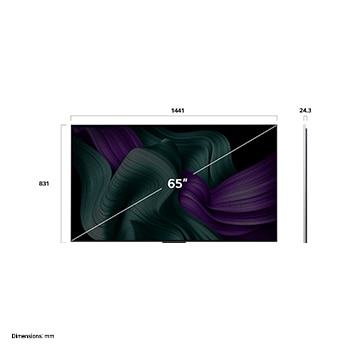 Vue avant et latérale de la Smart TV LG OLED M5 montrant ses dimensions de longueur, largeur, hauteur et profondeur.