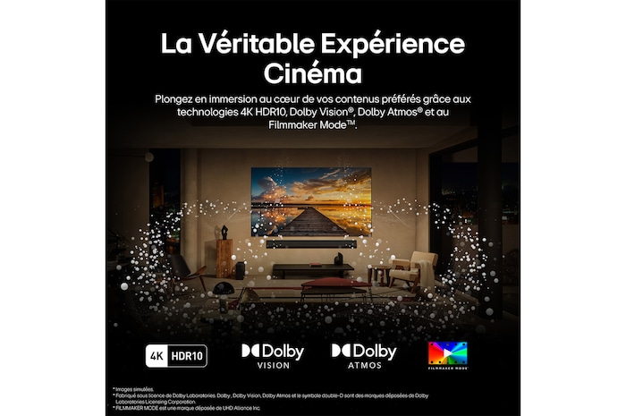 Trois icônes représentant les 3 avantages gratuits de la TV LG Véritablement sans fil. Position libre, sans encombrement, sans tracas. Le texte parle de se libérer des limites de la TV filaire et de profiter d’une installation sans effort et d’un open space impeccable.