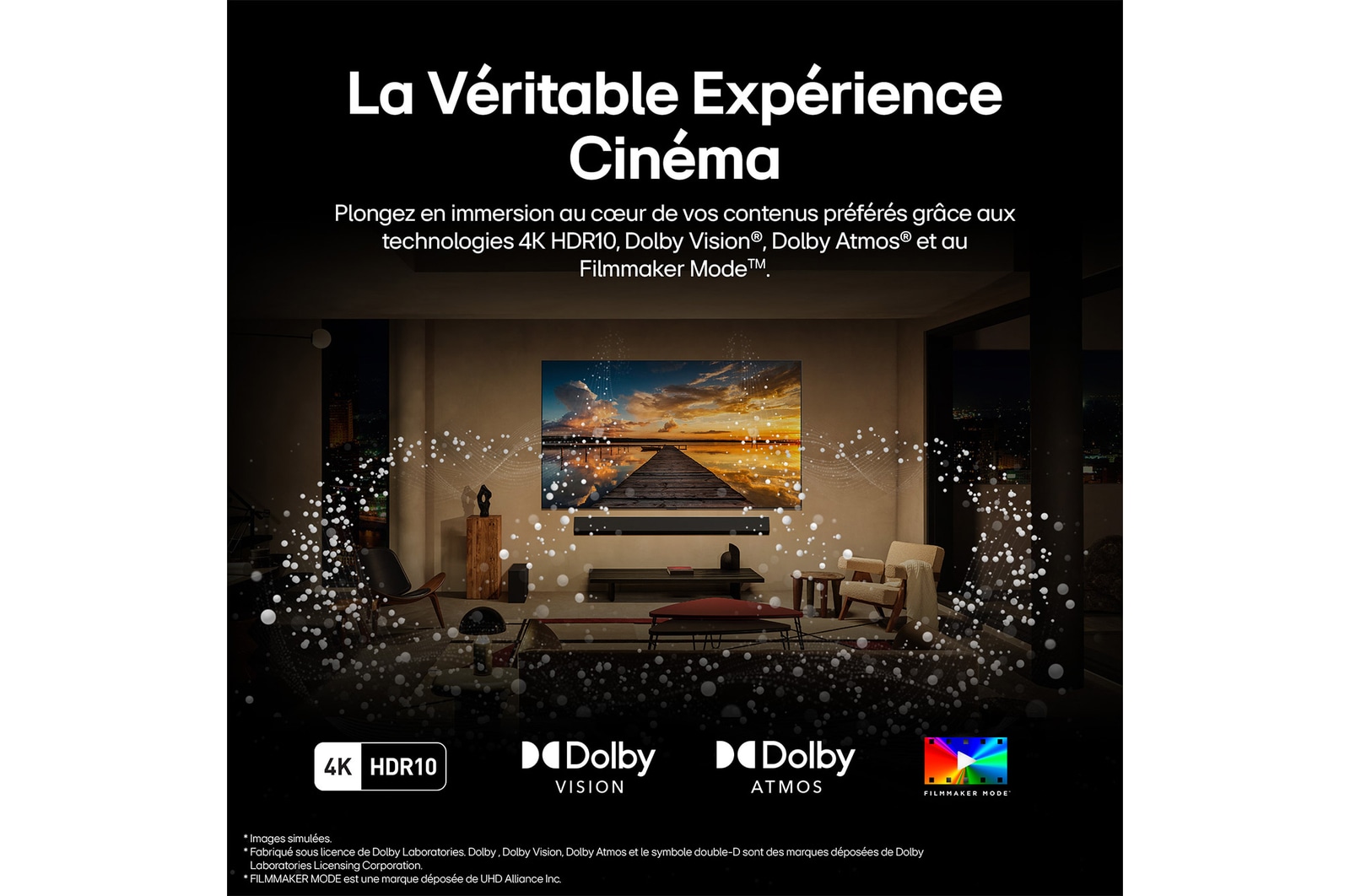 Trois icônes représentant les 3 avantages gratuits de la TV LG Véritablement sans fil. Position libre, sans encombrement, sans tracas. Le texte parle de se libérer des limites de la TV filaire et de profiter d’une installation sans effort et d’un open space impeccable.